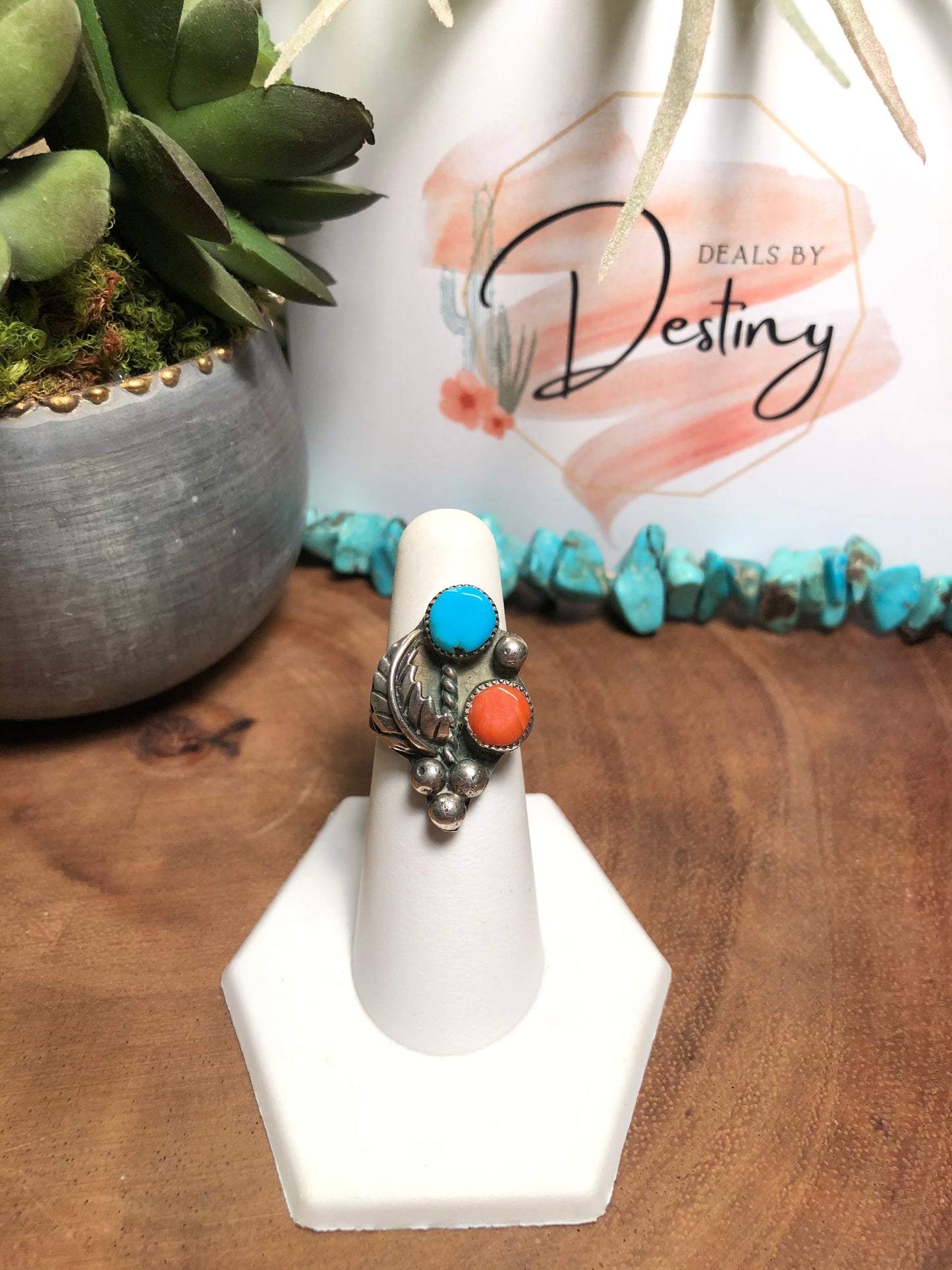 Sterling Turquoise and Coral Ring