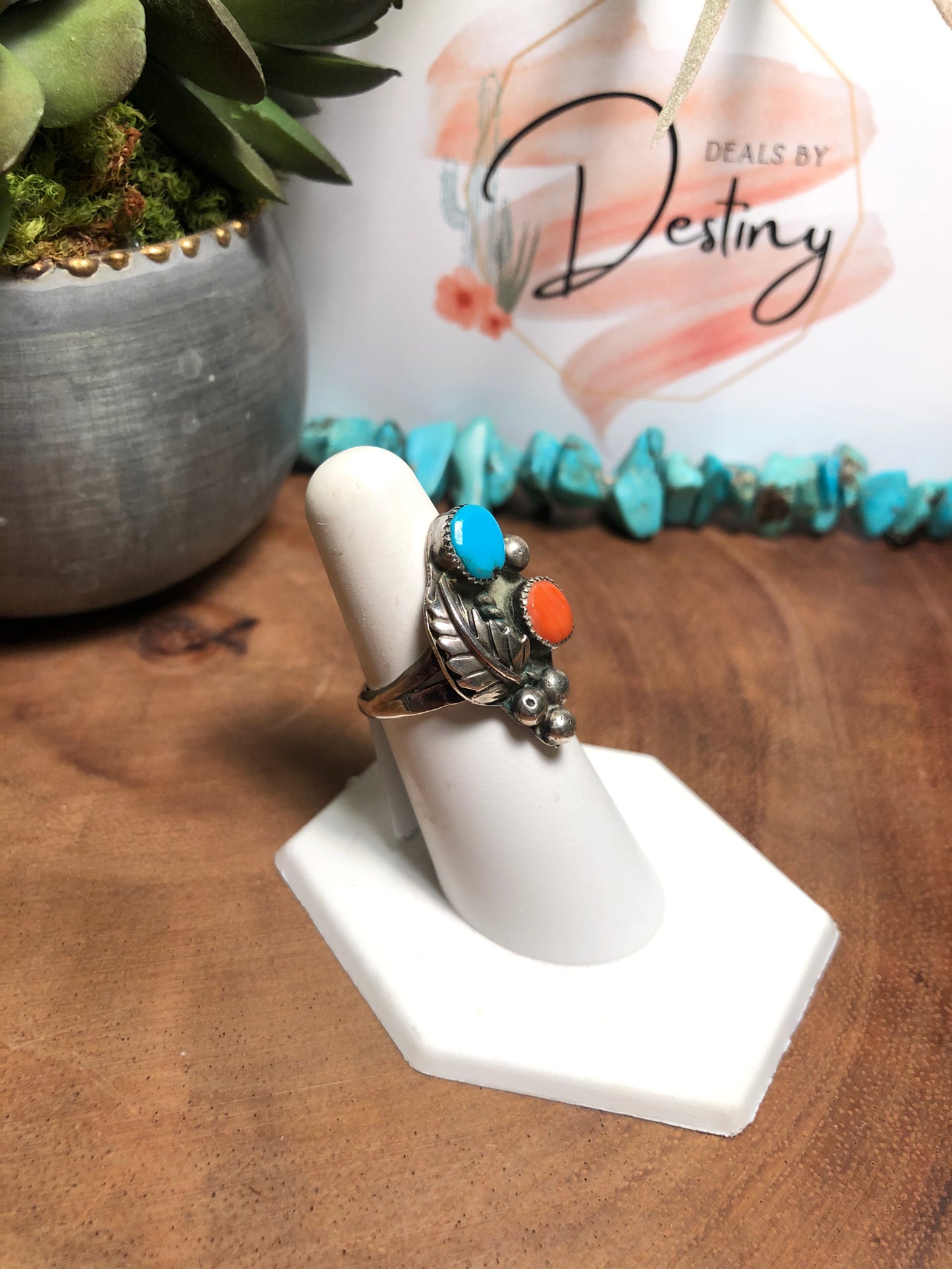 Sterling Turquoise and Coral Ring