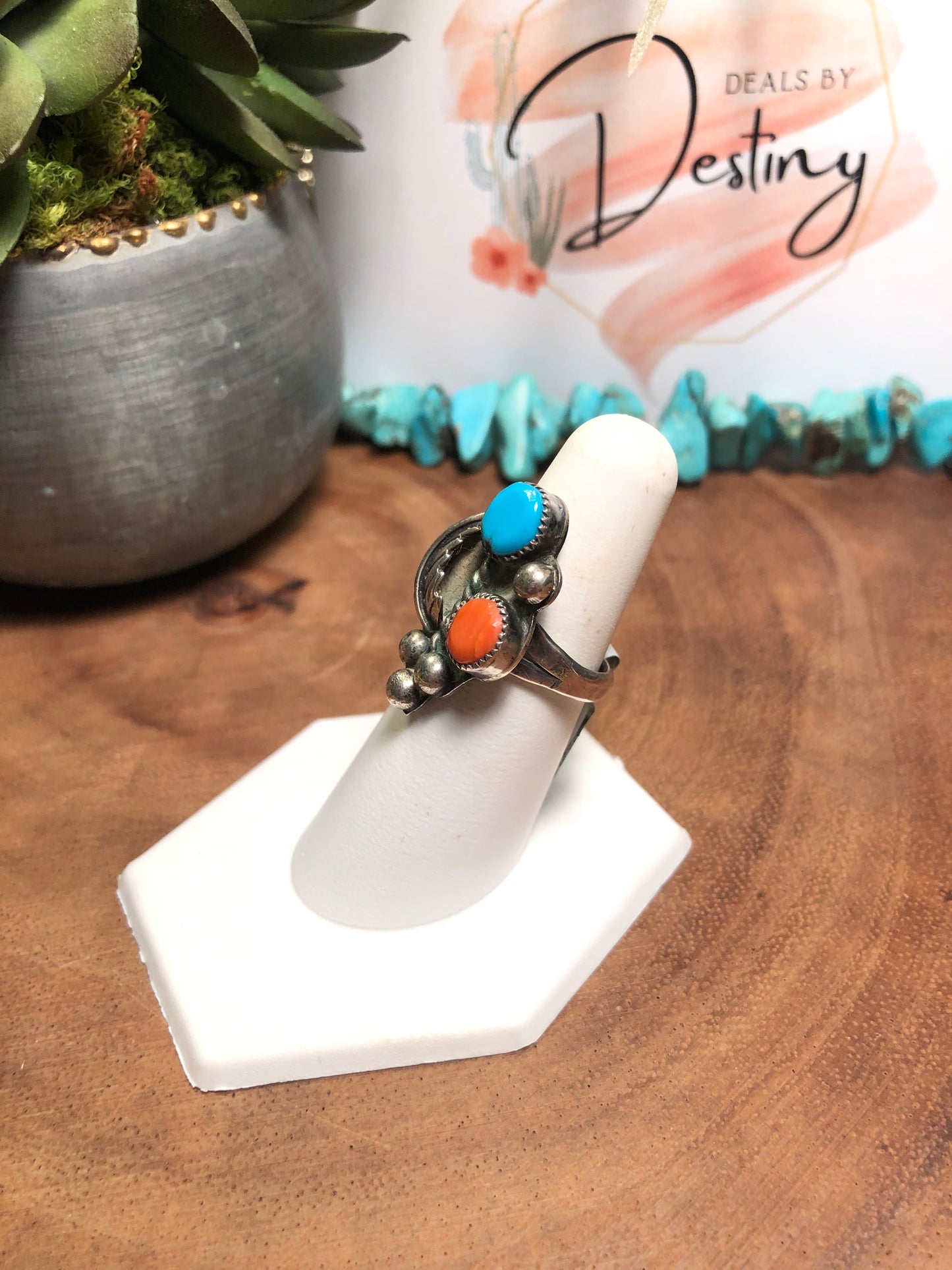 Sterling Turquoise and Coral Ring