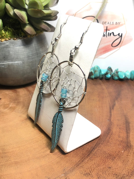 Large  Dream Catcher Turquoise Feather Earrings