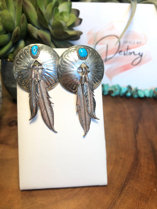 Feather and Turquoise Vintage Sterling Earrings