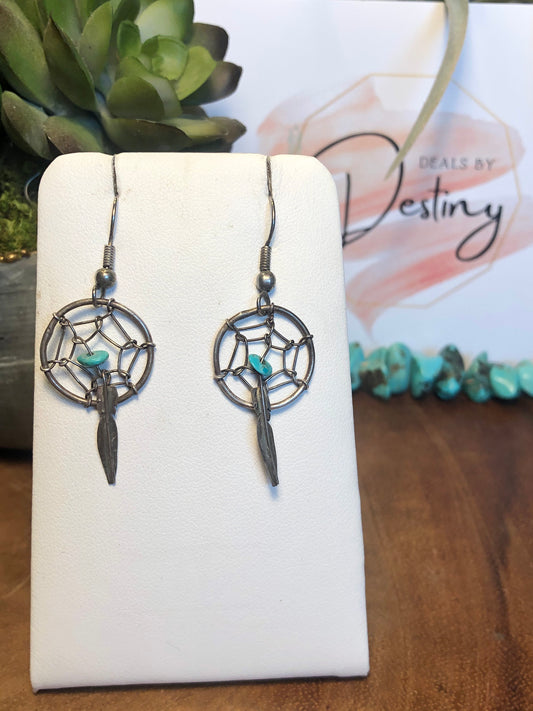 Vintage Silver Dream Catcher Turquoise Earrings