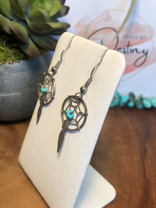 Vintage Silver Dream Catcher Turquoise Earrings