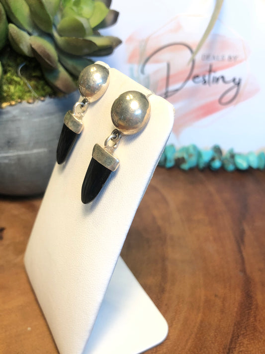 Vintage Sterling Silver Black onyx Drop Earrings