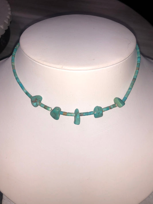 Vintage Sterling Turquoise + White Heishi Bead Necklace