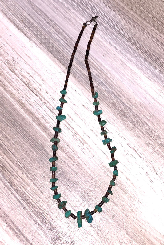 Old Pawn Vintage Sterling 18" Raw Turquoise + Heishi Necklace