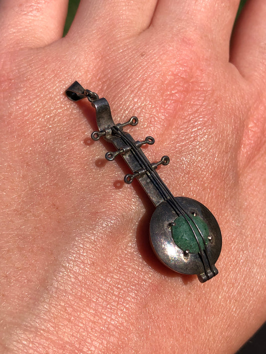 Vintage Sterling Jade Banjo/Guitar Pendant Charm