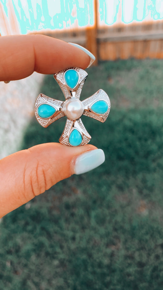 Sterling Sleeping Beauty Turquoise + Pearl Cross Pendant