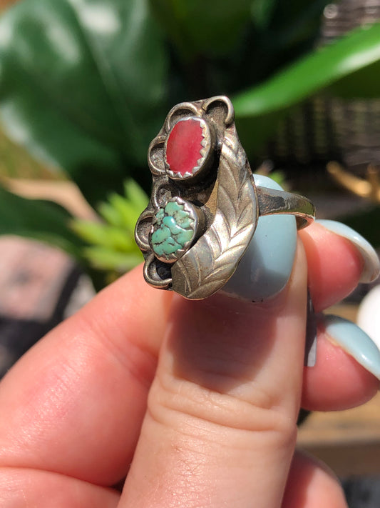 Vintage Sterling Silver Turquoise and Coral Ring