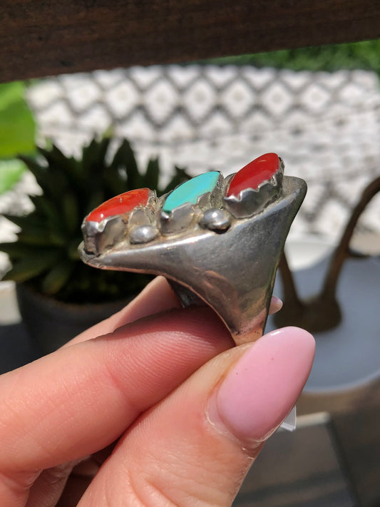 Sterling Coral and Turquoise Ring