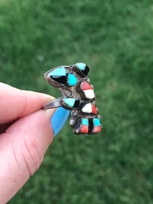 Vintage Sterling Multi-Stone Native American Mosaic Dancer Kachina Ring