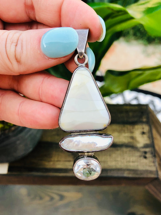 Sterling Silver Mother of Pearl and White Quartz Pendant