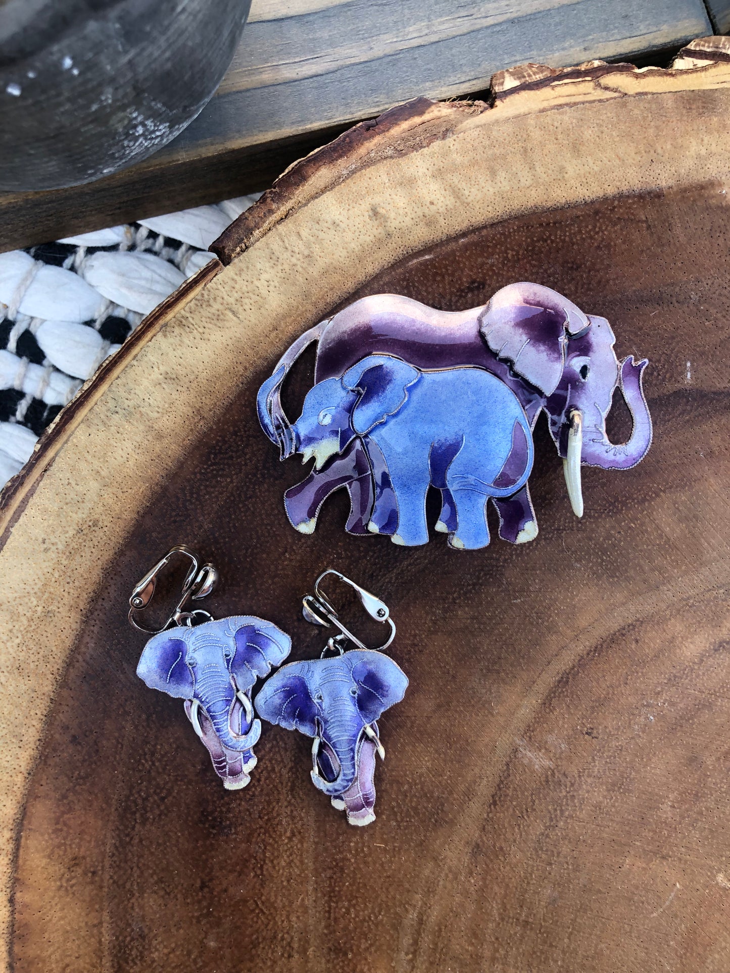 Vintage Sterling Purple Elephant Brooch and Earring Set