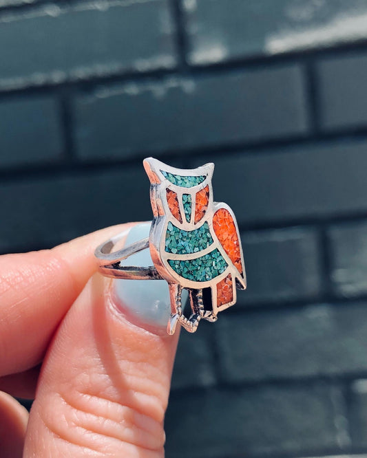 Vintage Sterling Silver Turquoise and Coral Inlay Owl Ring