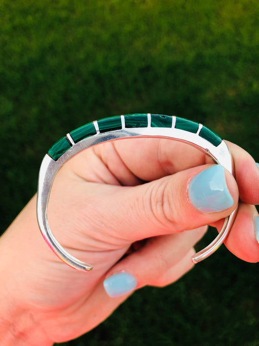 Vintage Sterling Silver Malachite Inlay Cuff Bracelet