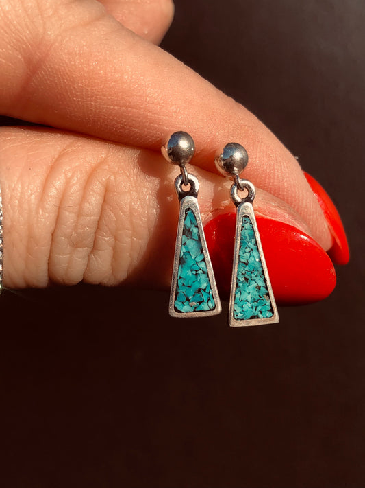 Vintage Sterling Silver Chip Inlay Turquoise Earrings