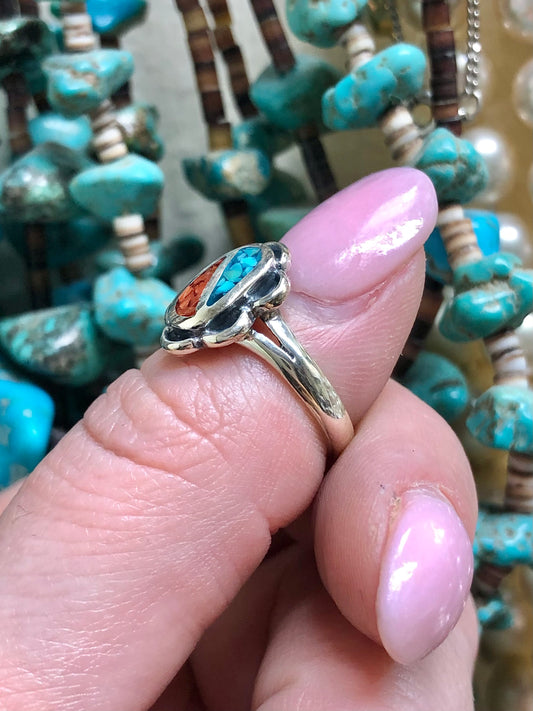 Sterling Coral and Turquoise Inlay Ring