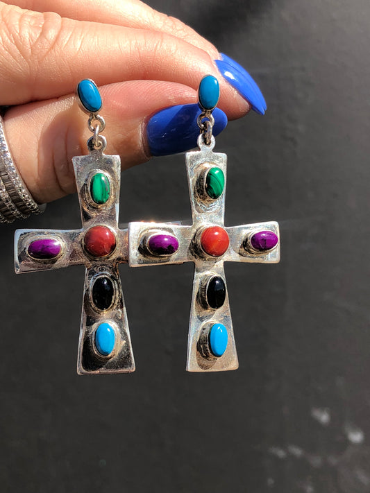 Vintage Sterling Silver Multi-Colored Stone Cross Earrings