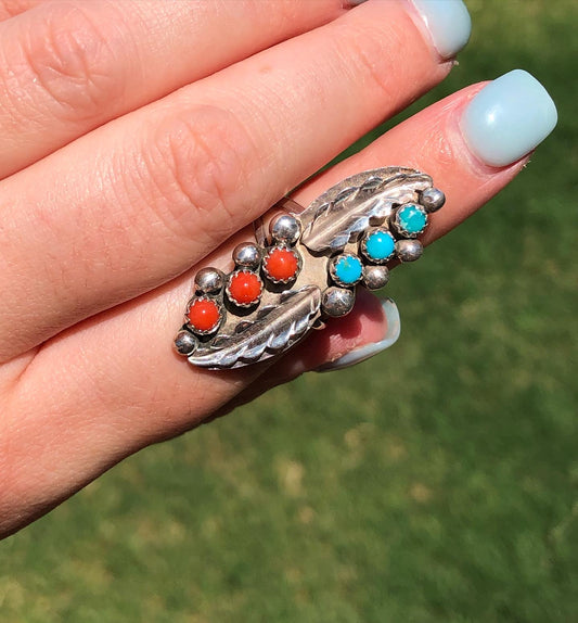 Sterling Silver Turquoise and Coral Signed Ring