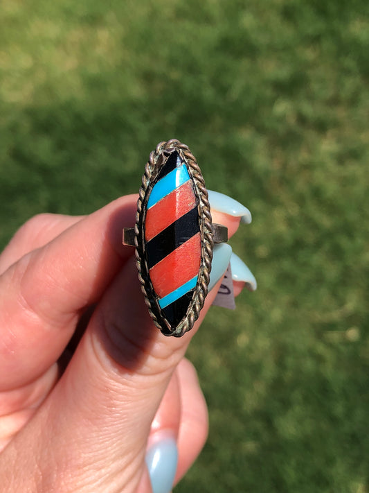 Vintage Sterling Silver Coral Black Onyx and Turquoise Ring