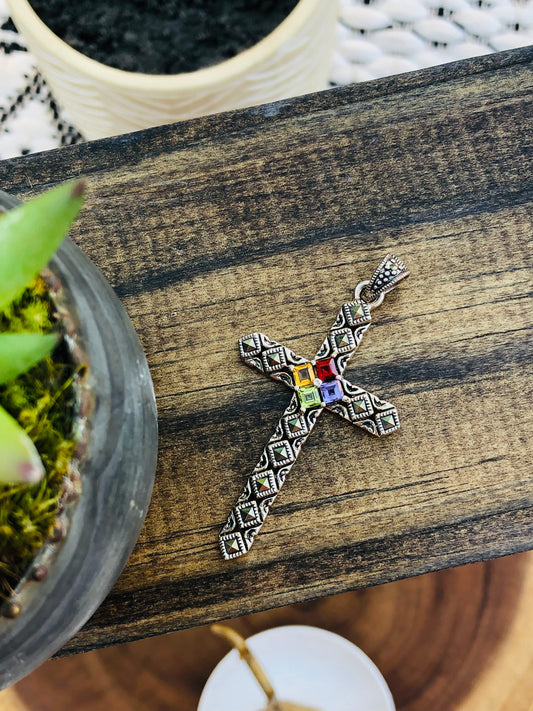 Sterling Cross Multi-Stone Pendant