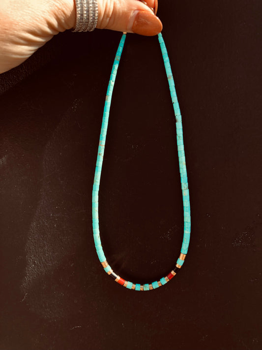 Sterling Silver Turquoise, Coral, Black onyx, and GF Bead Necklace