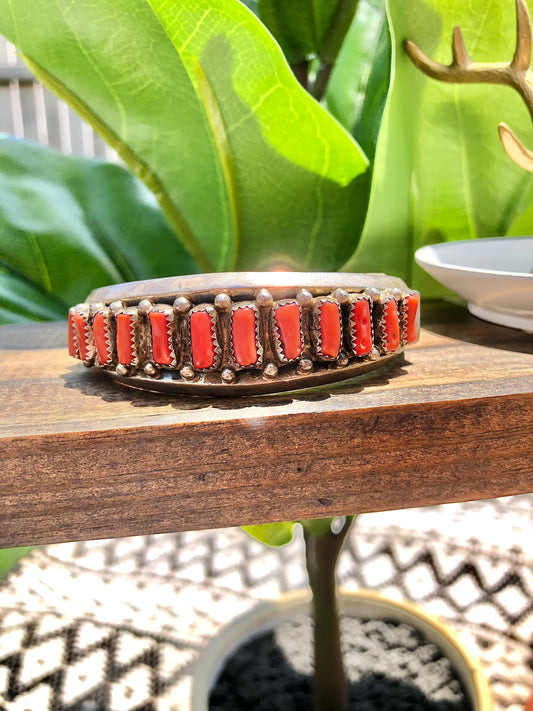 Vintage Coral Sterling Signed Cuff Bracelet