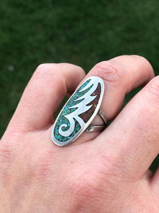 Old Pawn Vintage Sterling Silver Turquoise and Coral Chip Inlay Ring