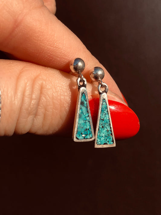 Vintage Sterling Silver Chip Inlay Turquoise Earrings