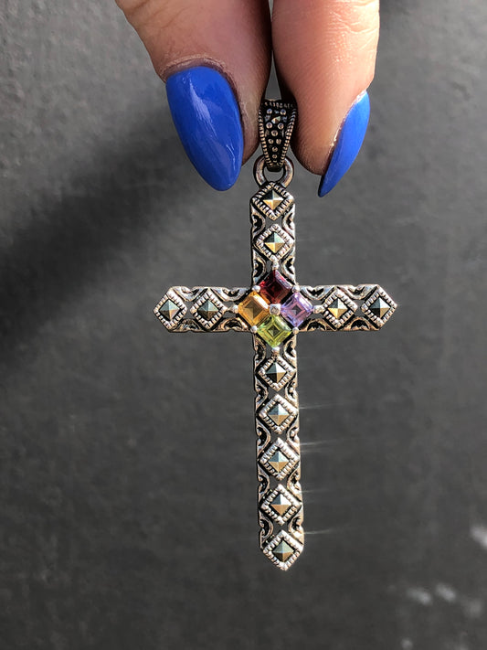 Sterling Cross Multi-Stone Pendant