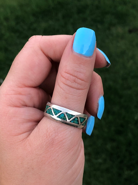 Vintage Sterling Silver Green Turquoise Chip Inlay Ring