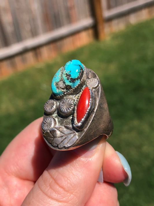 Vintage Sterling Silver Handmade Turquoise and Coral Ring