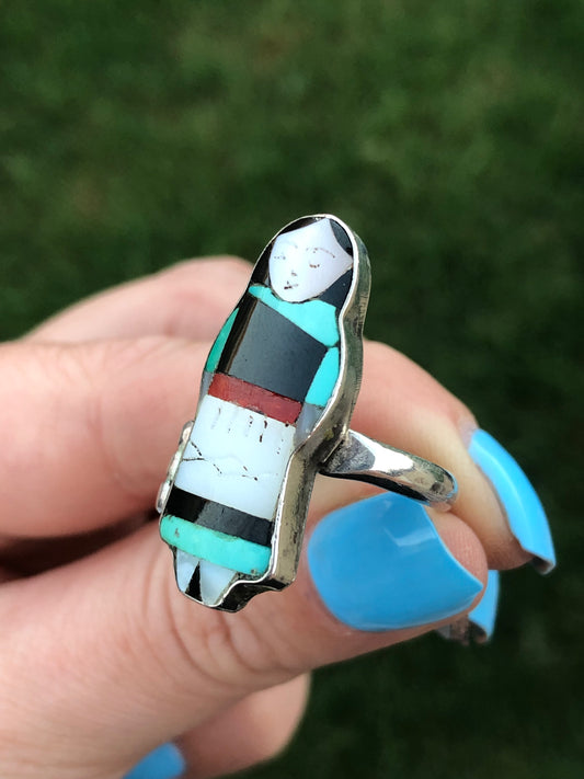 Vintage Handmade Sterling Silver Lady in Blue Ring