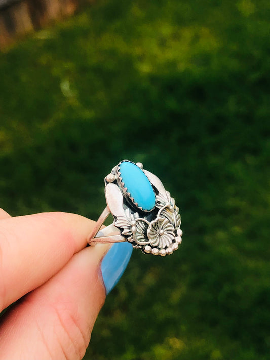 Vintage Sterling Silver Sleeping Beauty Turquoise Signed Ring