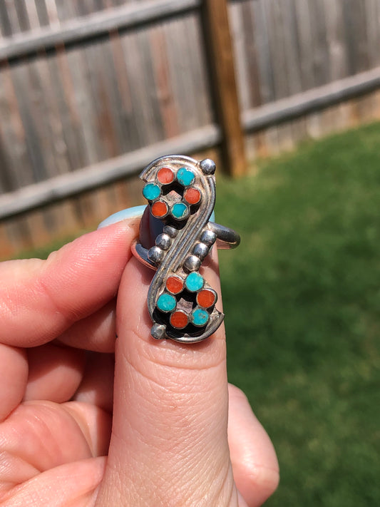 Old Pawn Vintage Sterling Silver Coral and Turquoise Ring