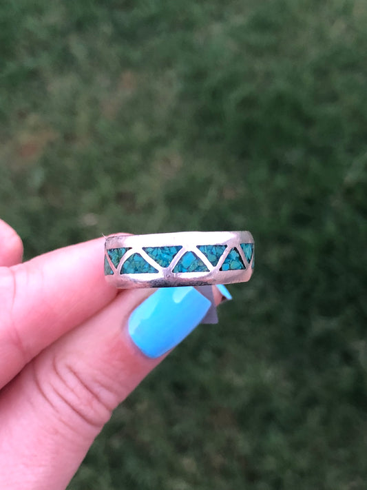 Vintage Sterling Silver Green Turquoise Chip Inlay Ring