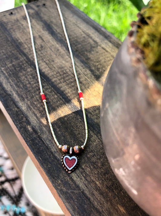 Vintage Liquid Silver Coral Heart Necklace