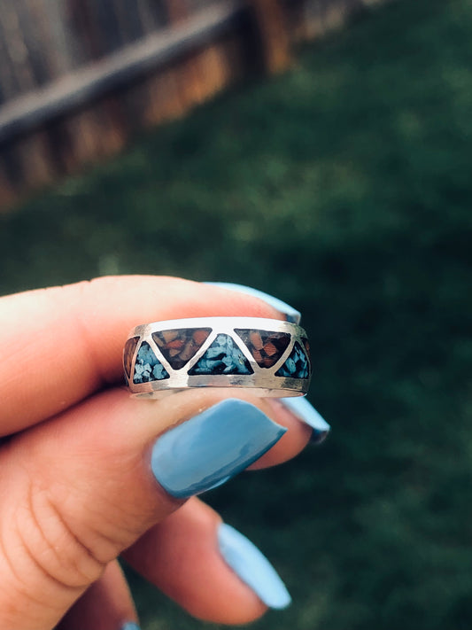 Old Pawn Sterling Silver Eternity Coral and Turquoise Chip Inlay Ring