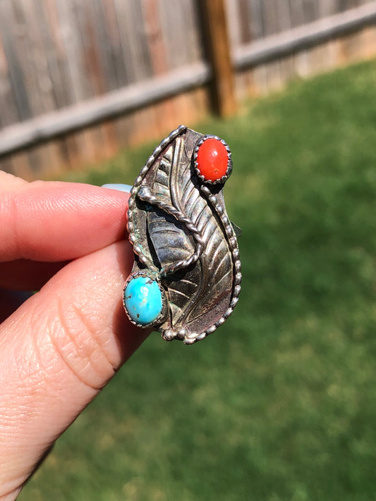 Sterling Silver Turquoise and Coral Navajo Signed by Artist Ring