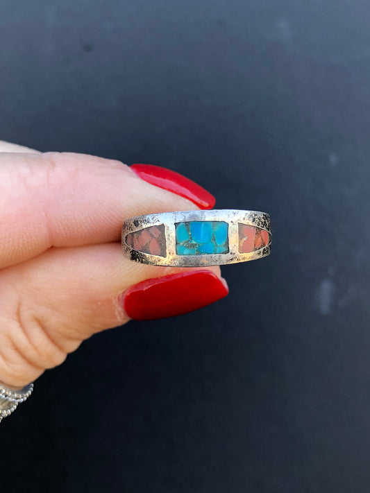 Sterling Turquoise & Coral Inlay Ring