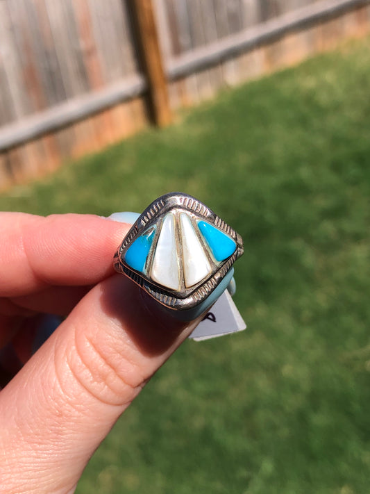 Old Pawn Sterling Silver Mother of Pearl and Sleeping Beauty Turquoise Ring