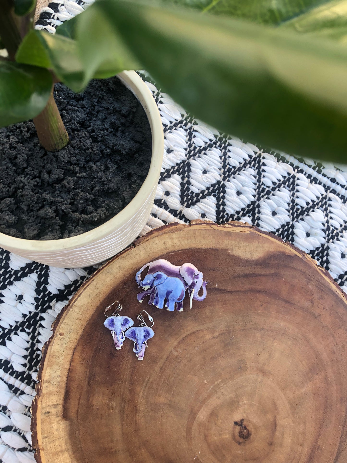 Vintage Sterling Purple Elephant Brooch and Earring Set