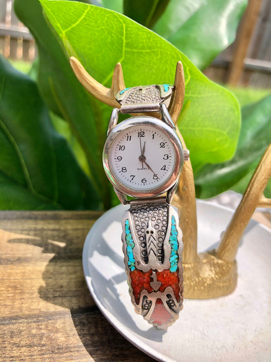 Sterling Turquoise and Coral Peyote Watch