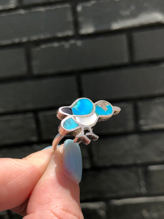 Vintage Sterling Silver Turquoise and Mother of Pearl Bird Ring