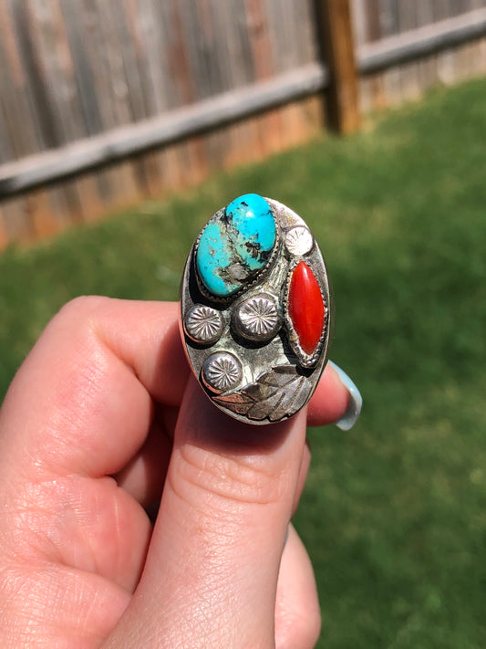 Vintage Sterling Silver Handmade Turquoise and Coral Ring