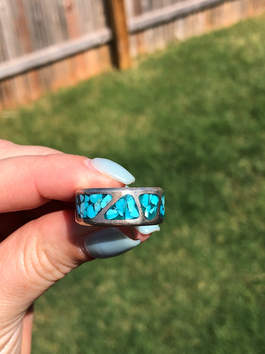 Vintage Sterling Silver Turquoise Chip Inlay Eternity Ring