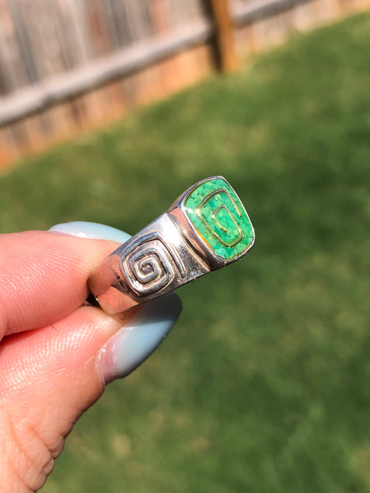 Vintage Sterling Silver Signed Green Inlay Ring