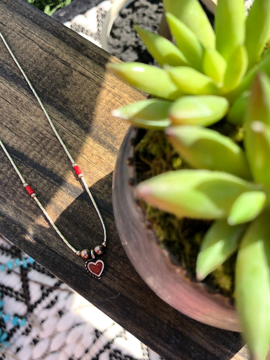 Vintage Liquid Silver Coral Heart Necklace