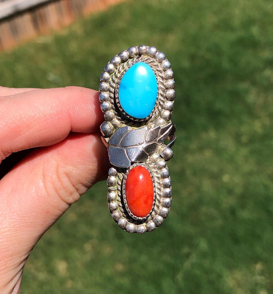 Large Vintage Sterling Silver Turquoise and Coral Handmade Ring