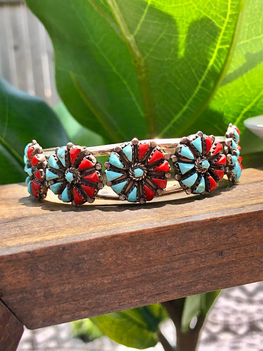 Sterling Silver Zuni Coral and Turquoise Bracelet Signed by Artist